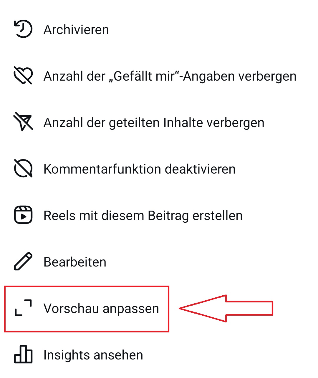 Instagram Vorschau anpassen